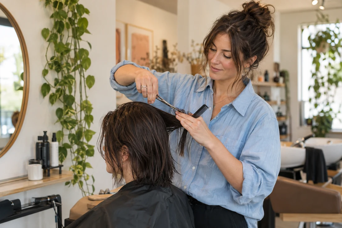 Illustrative photograph of an independent hairdresser styling a client’s hair