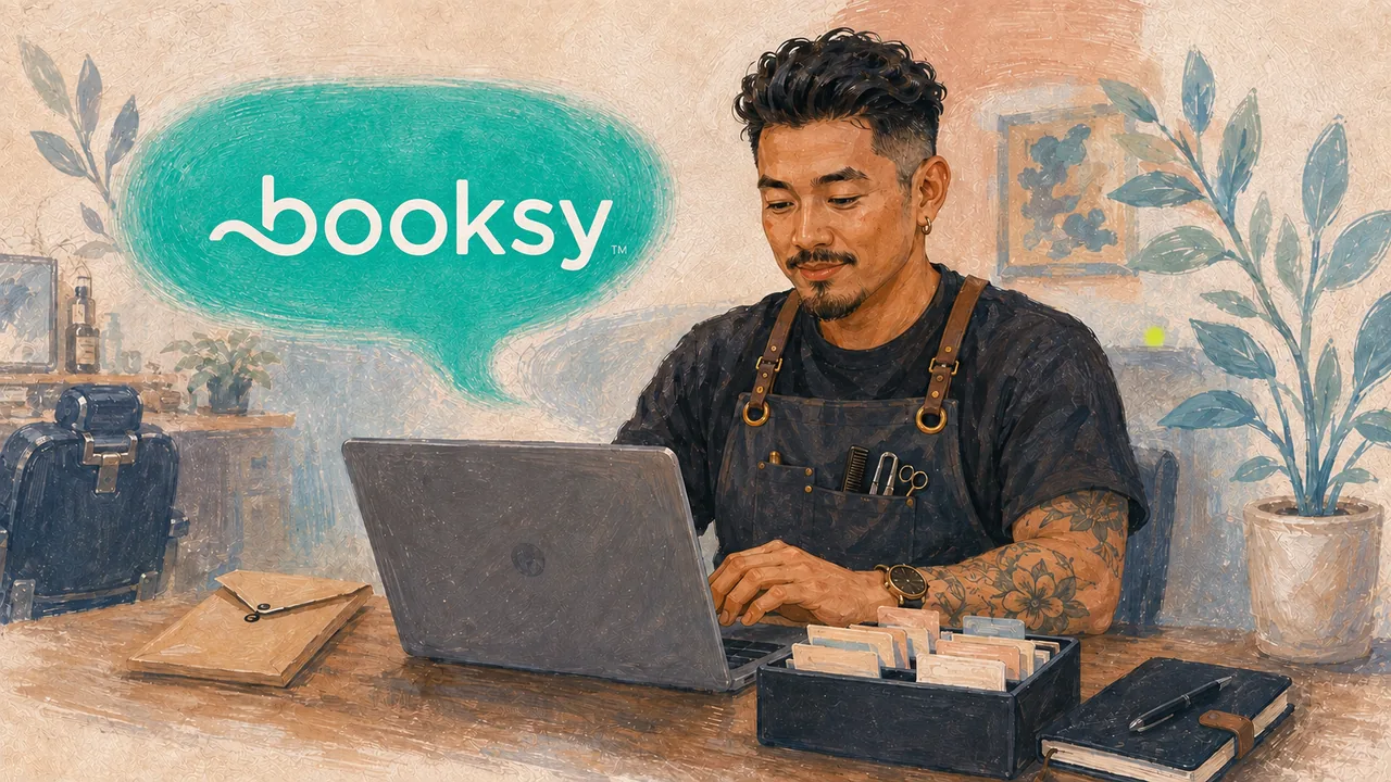 Salon professional in an apron working on a laptop at a wooden desk with a client card box and notebook, beside the Booksy logo.