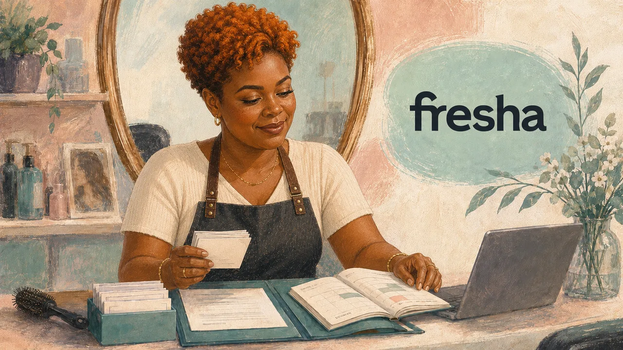 Beauty professional at a studio desk reviewing client cards beside an open appointment planner and laptop, with the Fresha logo displayed.