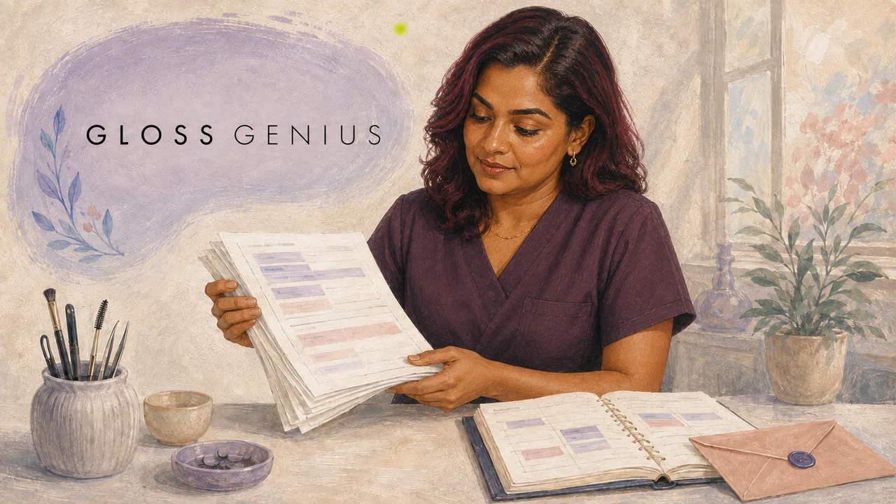 Beauty professional in scrubs reviewing a stack of client record sheets at a desk with an open appointment diary, beside the GlossGenius logo.