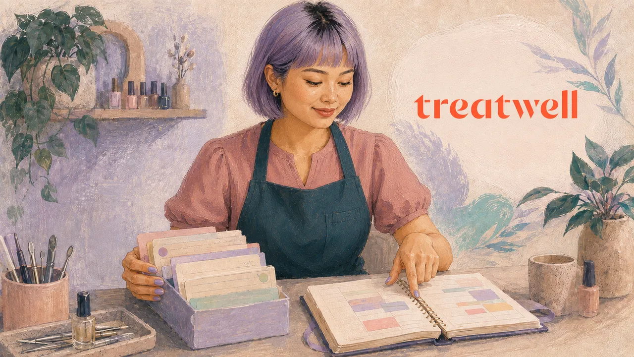 Beauty professional in an apron pointing to an open appointment planner while organising client cards in a box at a workstation, beside the Treatwell logo.