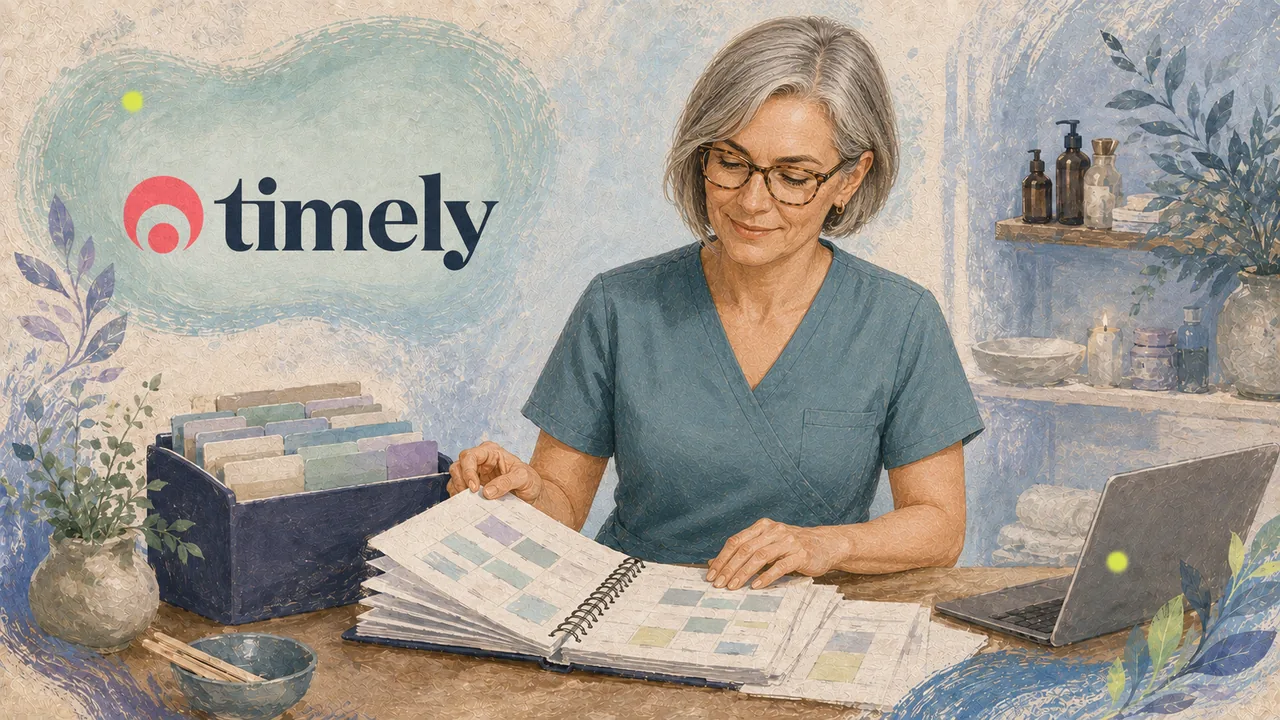 Clinic professional in scrubs reviewing a spiral-bound appointment schedule book at a desk with client cards and a laptop, beside the Timely logo.