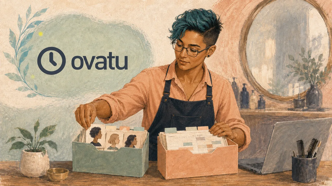 Beauty professional in an apron sorting client cards and appointment sheets in desk organizer boxes next to a laptop, with the Ovatu logo displayed.